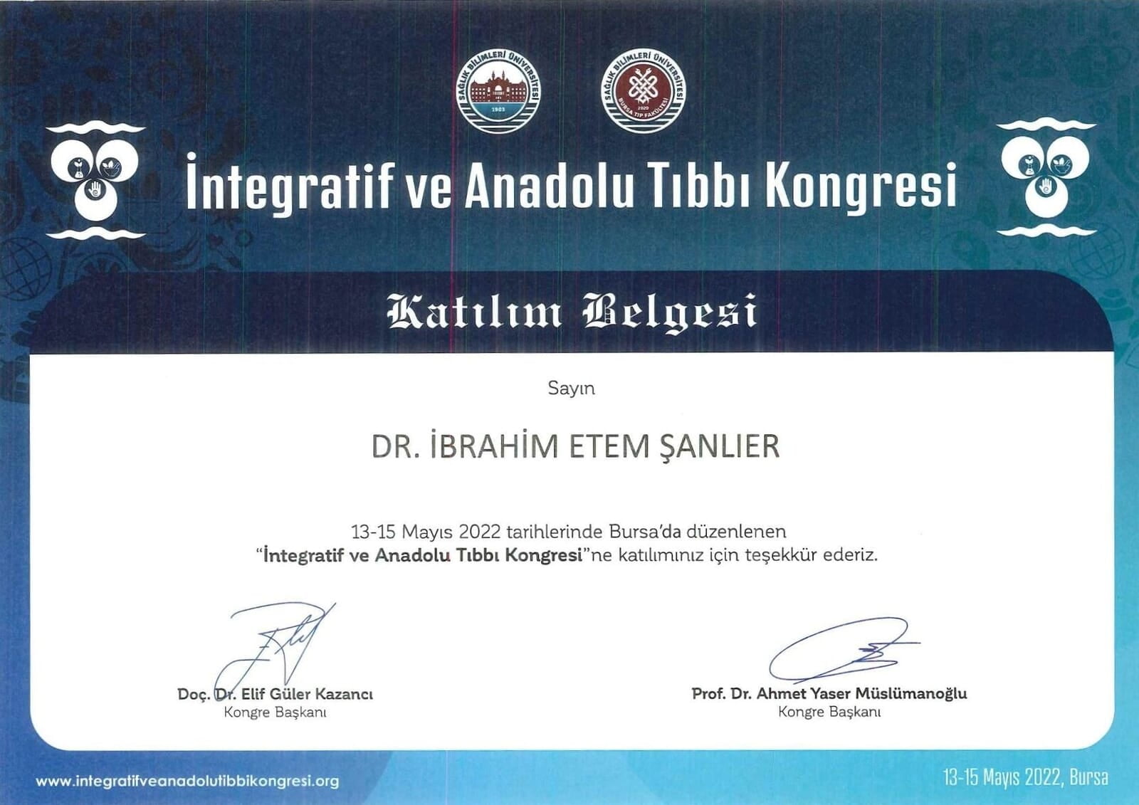 İntegratif ve Anadolu Tıbbı Kongresi Katılım Belgesi