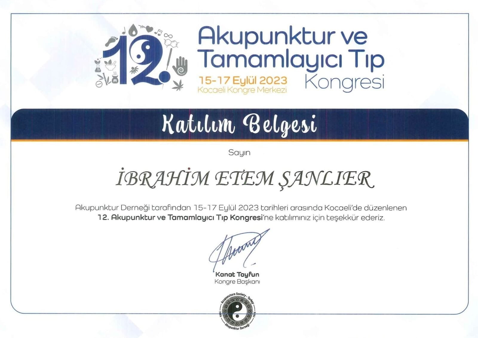 12. Akupunktur ve Tamamlayıcı Tıp Kongresi Katılım Belgesi