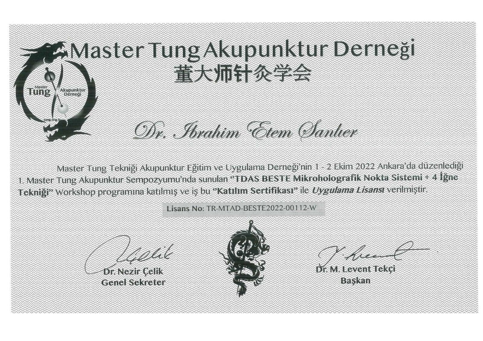 Master Tung Akupunktur Derneği 4 Nokta Sistemi +4 İğne Tekniği Uygulama Lisansı Sertifikası
